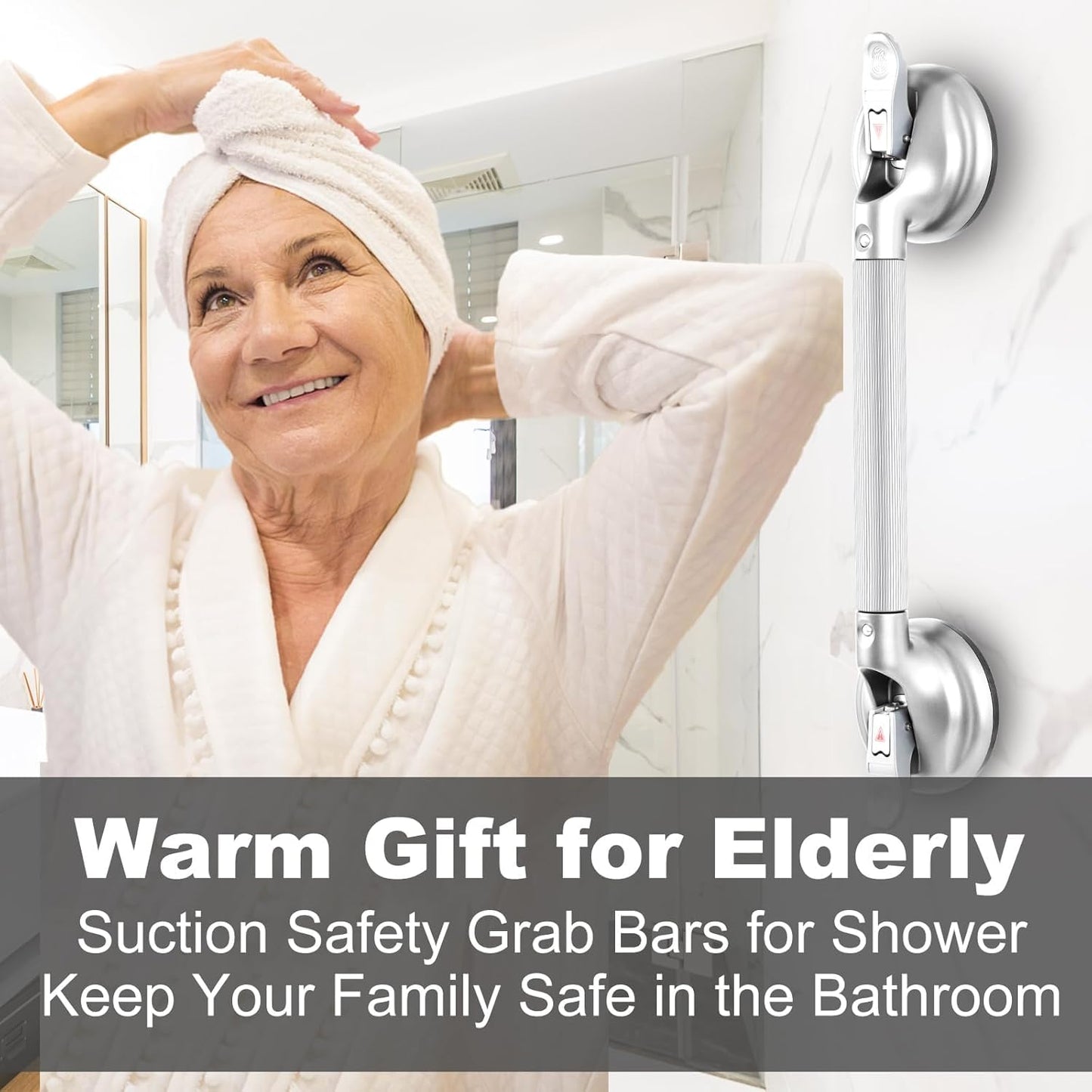 15-Inch Shower Handle - Upgraded Grab Bar with Strong Suction Cups for Bathtub & Shower Safety, Ideal for Seniors, Elderly, Disabled -Silver