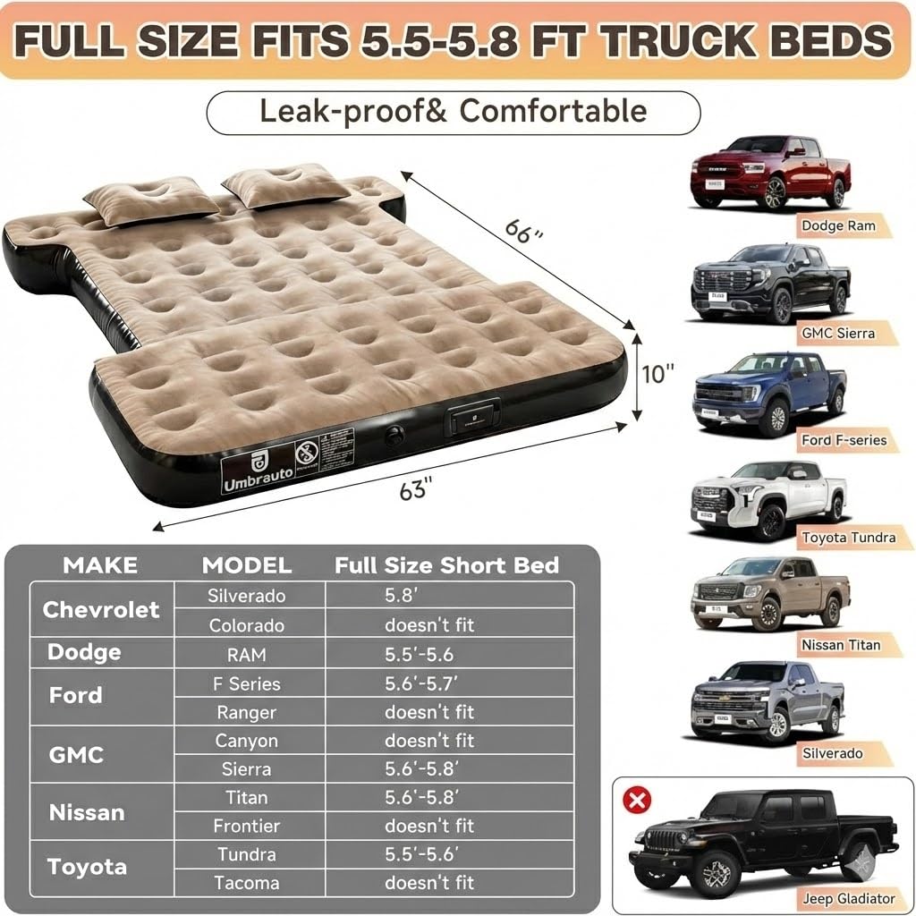 Umbrauto Car Air Mattress Backseat| Inflatable Truck Back Seat Camping Airbed for SUV Rear Seat, Blow Up Sleeping Travel Bed for Van Trunk with Pump & Pillows