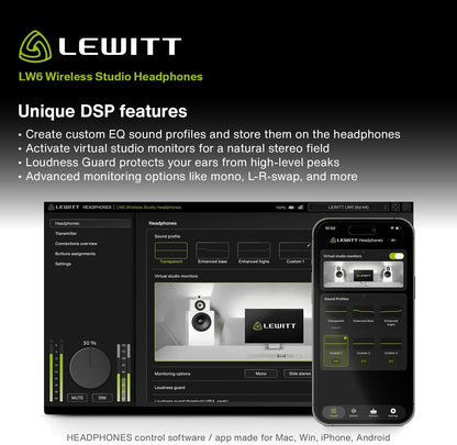 Lewitt LW6 Wireless Studio Headphones with Uncompressed, Ultra-Low Latency Audio and Premium Sound Quality - Ideal for Professional Mixing, Mastering, Monitoring, and Audio Recording.