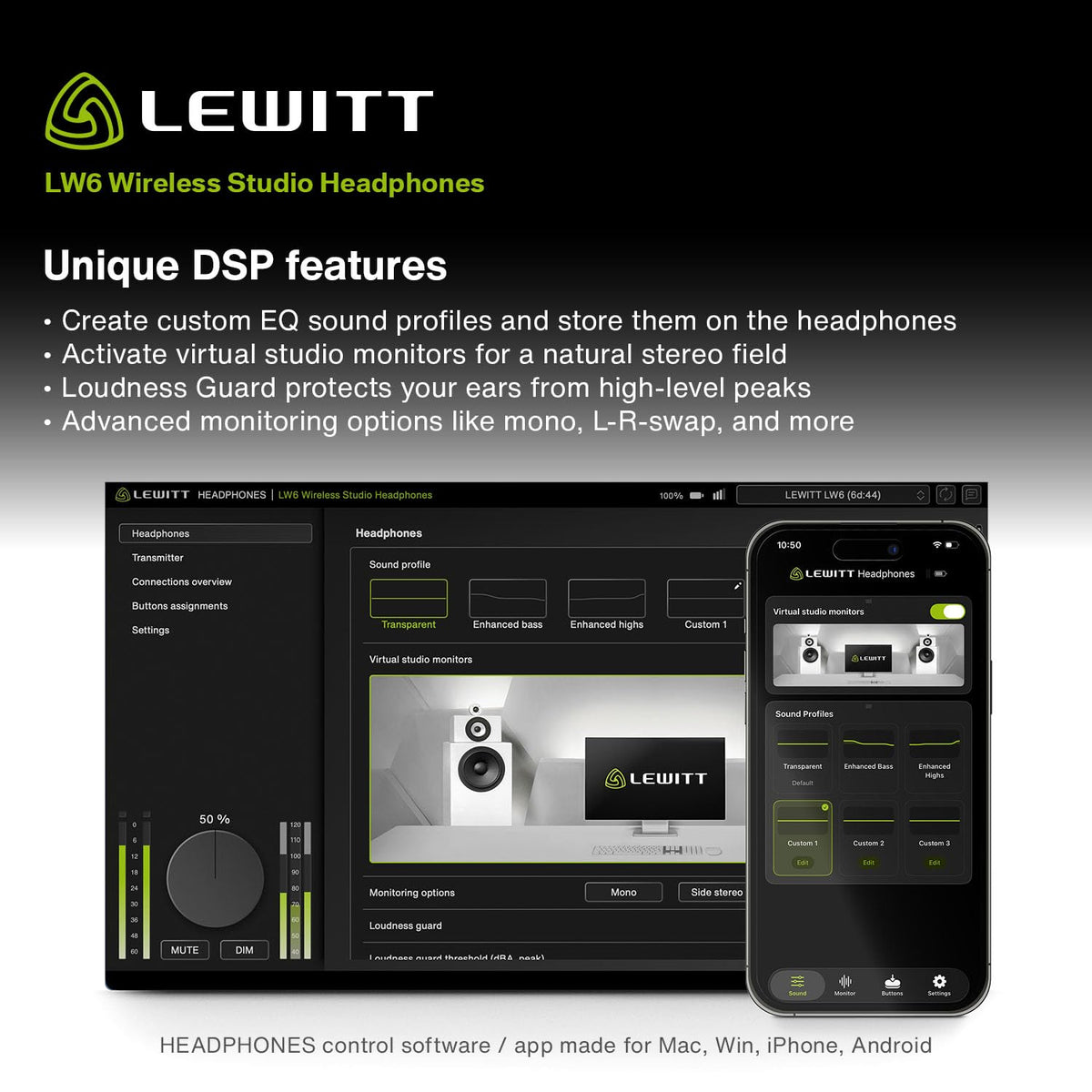 Lewitt LW6 Wireless Studio Headphones with Uncompressed, Ultra-Low Latency Audio and Premium Sound Quality - Ideal for Professional Mixing, Mastering, Monitoring, and Audio Recording.