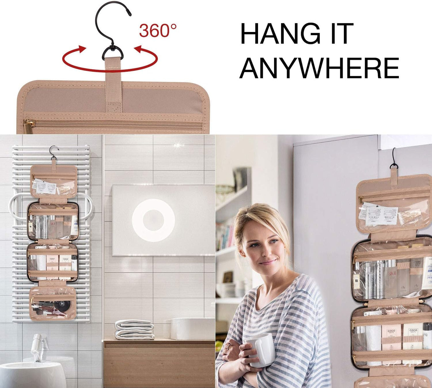 BAGSMART Kulturbeutel Reise-Organizer mit Aufhängehaken, wasserdichte Make-up-Kosmetiktasche für Zubehör, Shampoo, Standardbehälter, Toilettenartikel
