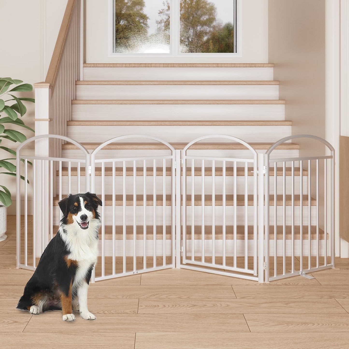 SNUOWU 4 Panels Full Matel Freestanding Dog Gates with Door, 96"Extra Wide 36"Tall Free Standing Dog Pet Gate for Indoor & Outdoor. Foldable Pet Fences for Doorways, House, Stairs, Porch, Deck, Yard