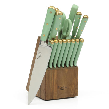 Martha Stewart Knife Block Set 16-Piece - Lockton High Carbon Stainless Steel Forged Full Tang Chef Knives, Acacia Wood Block, Triple Riveted Handles, Linen White & Gold