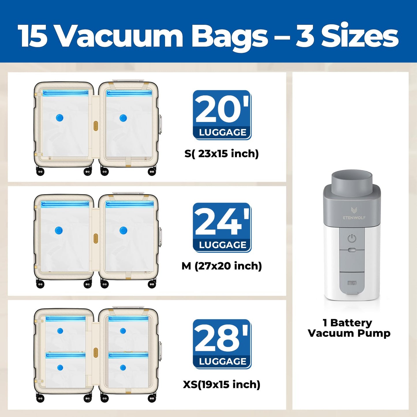 ETENWOLF Vacuum Storage Bags for Travel with Rechargeable Wireless Pump, Vacuum Seal Bags for Clothes and Travel, Space Saver Bags in Carry-On Sizes, Perfect for Luggage and Suitcases, 12 Combo