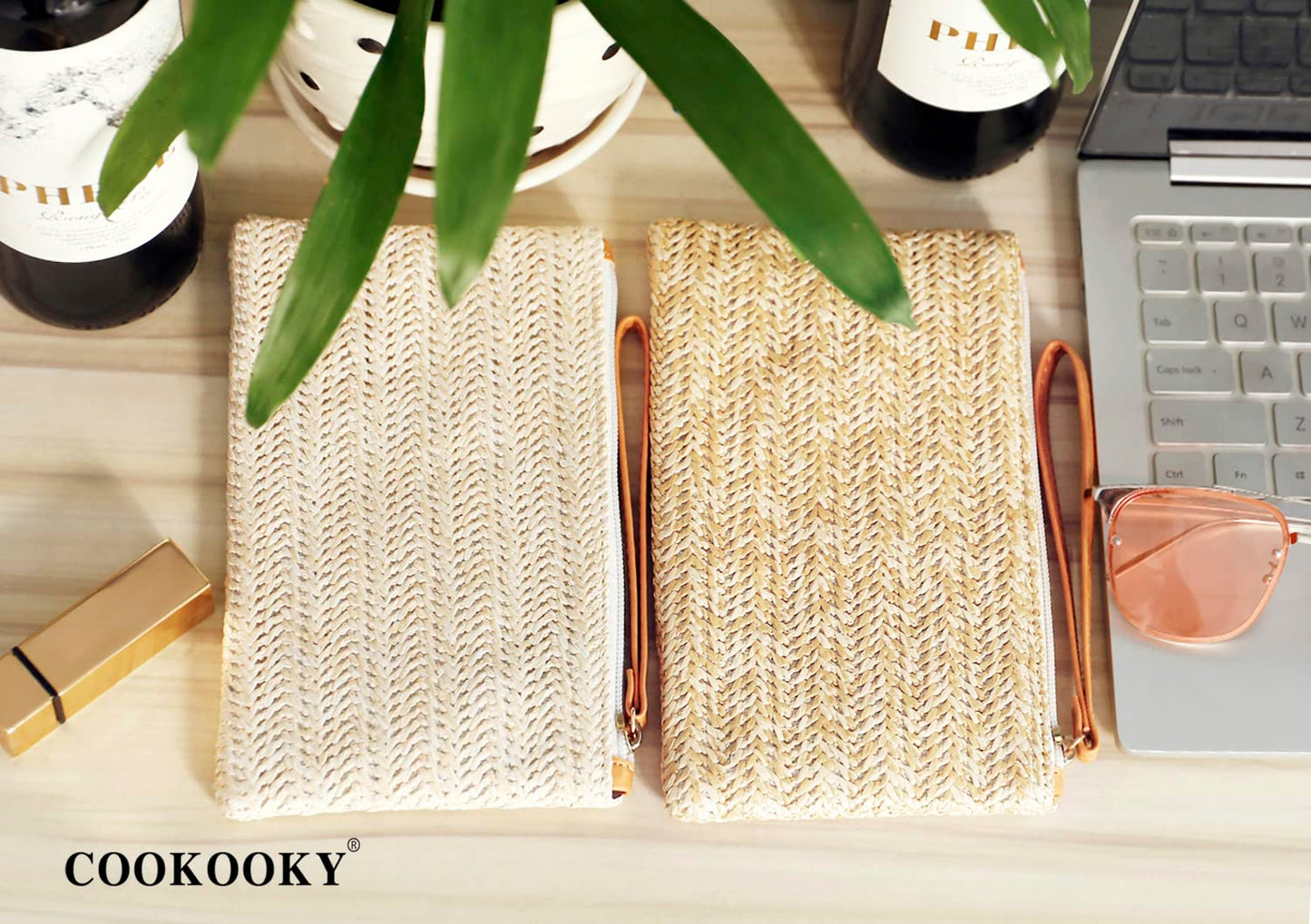 COOKOOKY Damen Stroh-Clutch, böhmische Reißverschluss-Handgelenktasche, Sommer Strand Meer Geldbörse (Beige-Weiß)