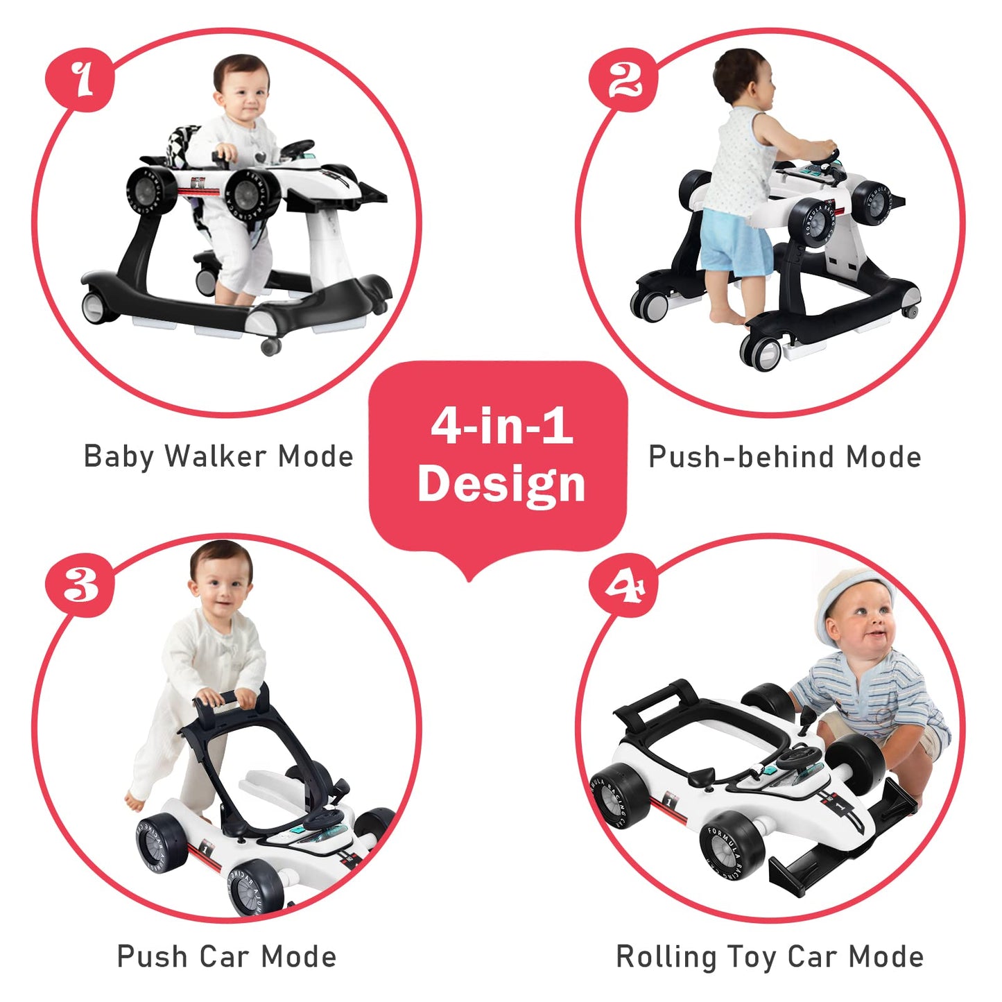 BABY JOY 4-in-1 Baby Walker, Foldable Activity Walker with Adjustable Height & Speed, Music, Lights, Anti-Rollover, Toddler Push Walker, Baby Walker with Wheels for Boys Girls 6-18 Months (Pink)