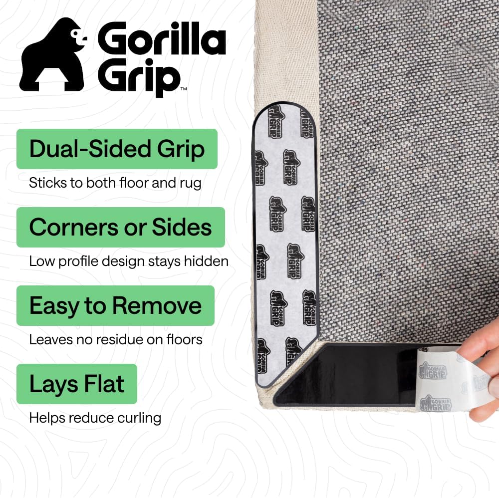 GORILLA GRIP Teppichgleitschutzmatten – Verhindern das Einrollen von Teppichecken, Wiederverwendbare doppelseitige Aufkleber halten Teppiche an Ort und Stelle, Haftet auf Fliesen- und Holzböden, um Rutschen zu verhindern, Heimdekoration, 8 Stück