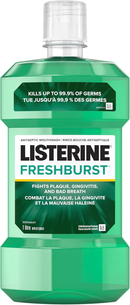 Listerine Freshburst Antiseptic Mouthwash, CDA Validated Oral Rinse Kills up to 99.9% of Bad Breath Germs, Fights Plaque & Gingivitis, 24h Germ Protection, Spearmint, Adult Convenience, 1 L