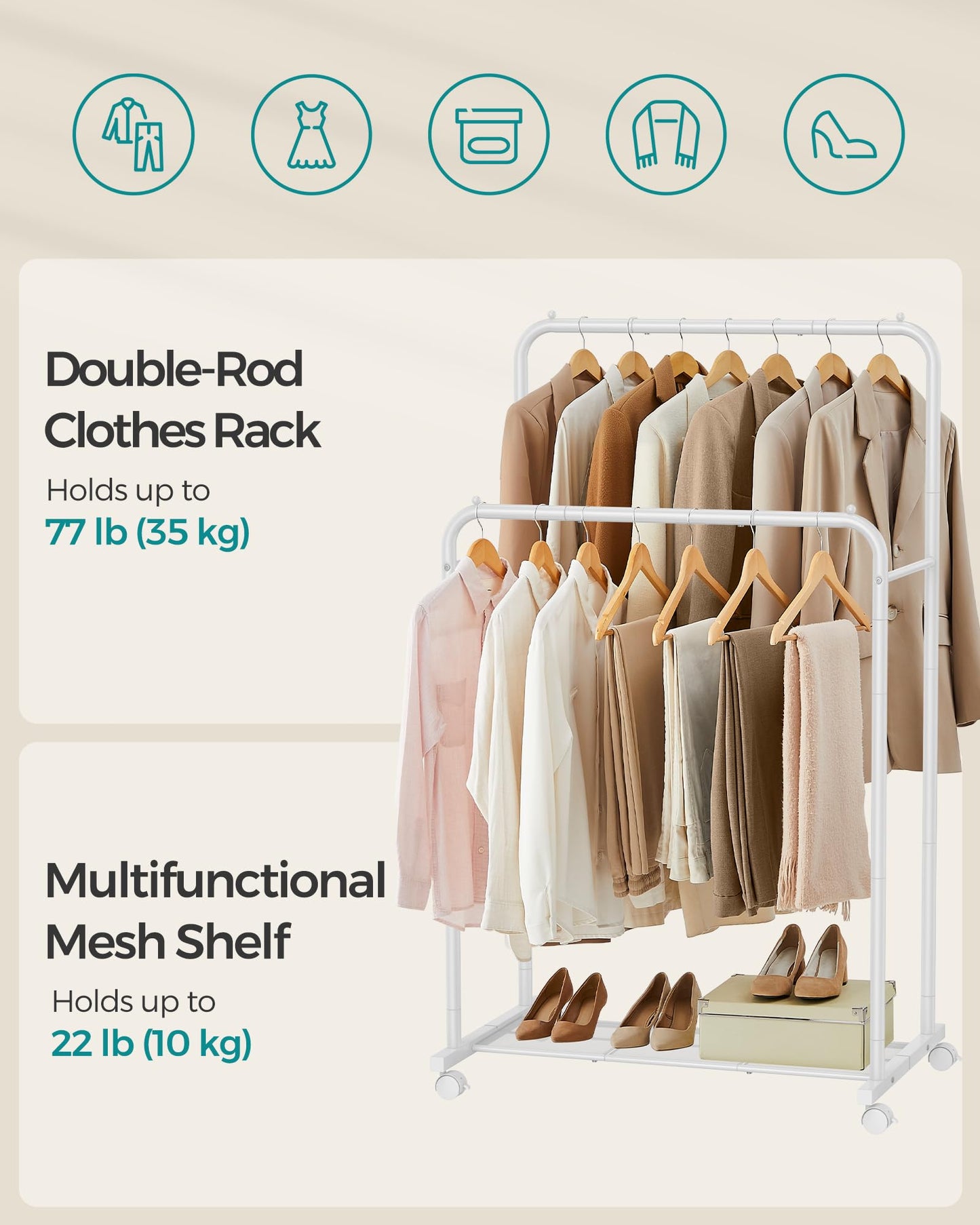 SONGMICS Clothes Rack with Wheels, Clothing Rack for Hanging Clothes, 25.4 mm Metal Garment Rack with Dense Mesh Storage Shelf, 110 lb Load Capacity, 2 Brakes, Black UHSR25BK