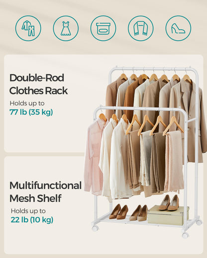 SONGMICS Clothes Rack with Wheels, Clothing Rack for Hanging Clothes, 25.4 mm Metal Garment Rack with Dense Mesh Storage Shelf, 110 lb Load Capacity, 2 Brakes, Black UHSR25BK