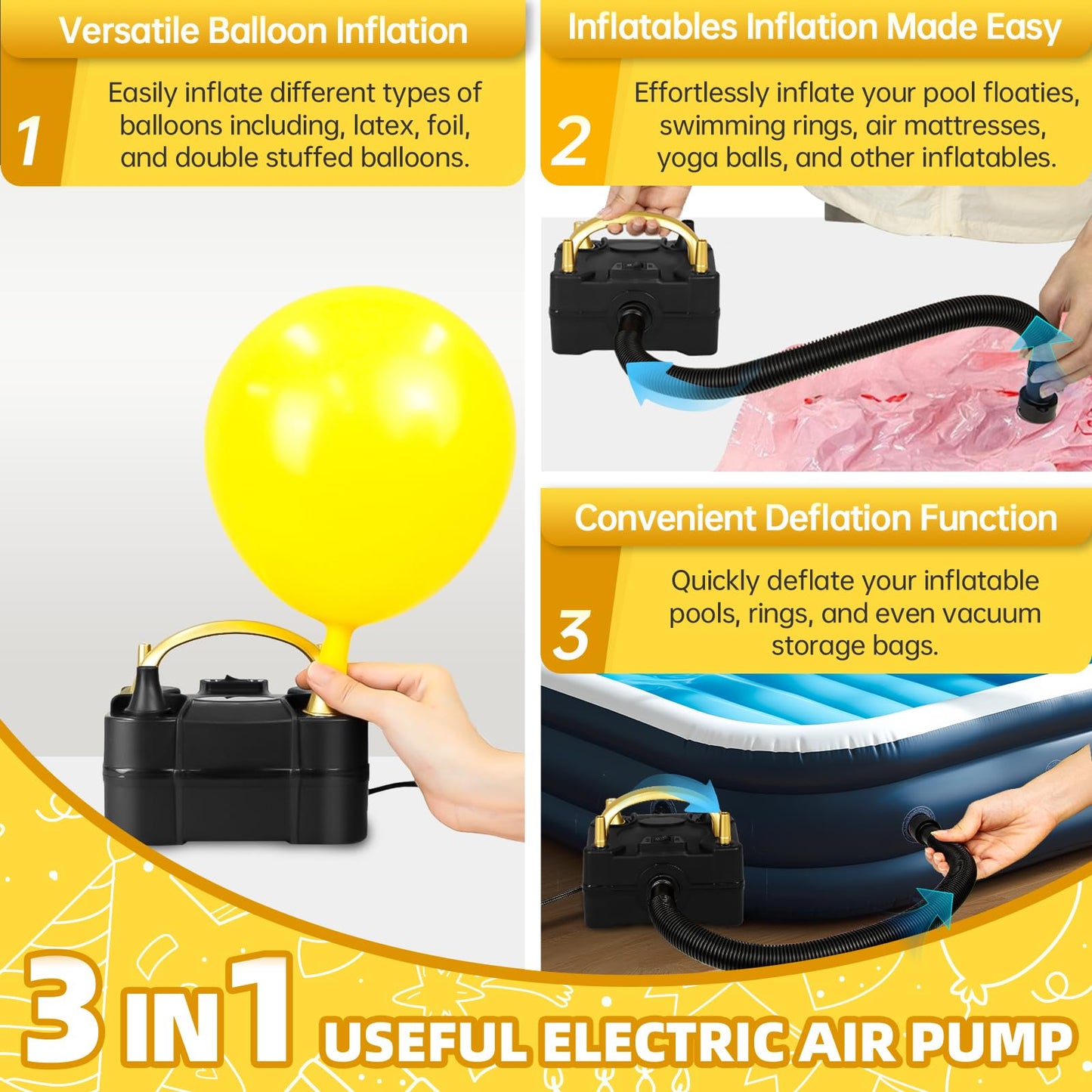 Bomba de globos eléctrica Bezente, inflador de globos portátil, bomba de aire eléctrica para globos, bomba de globos eléctrica de doble boquilla para decoraciones de fiestas de cumpleaños, bodas y graduaciones