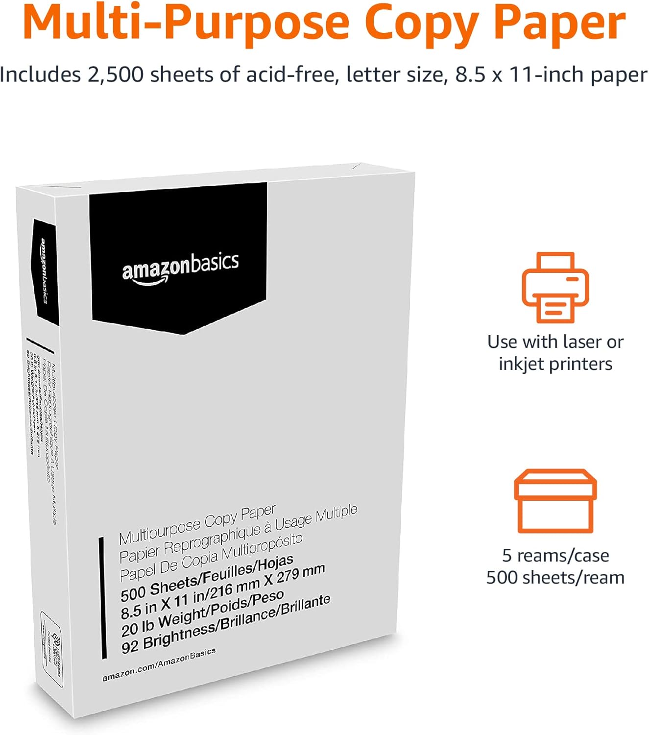 Amazon Basics Mehrzweck-Kopierpapier, 21,6 x 27,9 cm, 75 g/m², 3 Ries, 1500 Blatt, 92 Helligkeit, Weiß