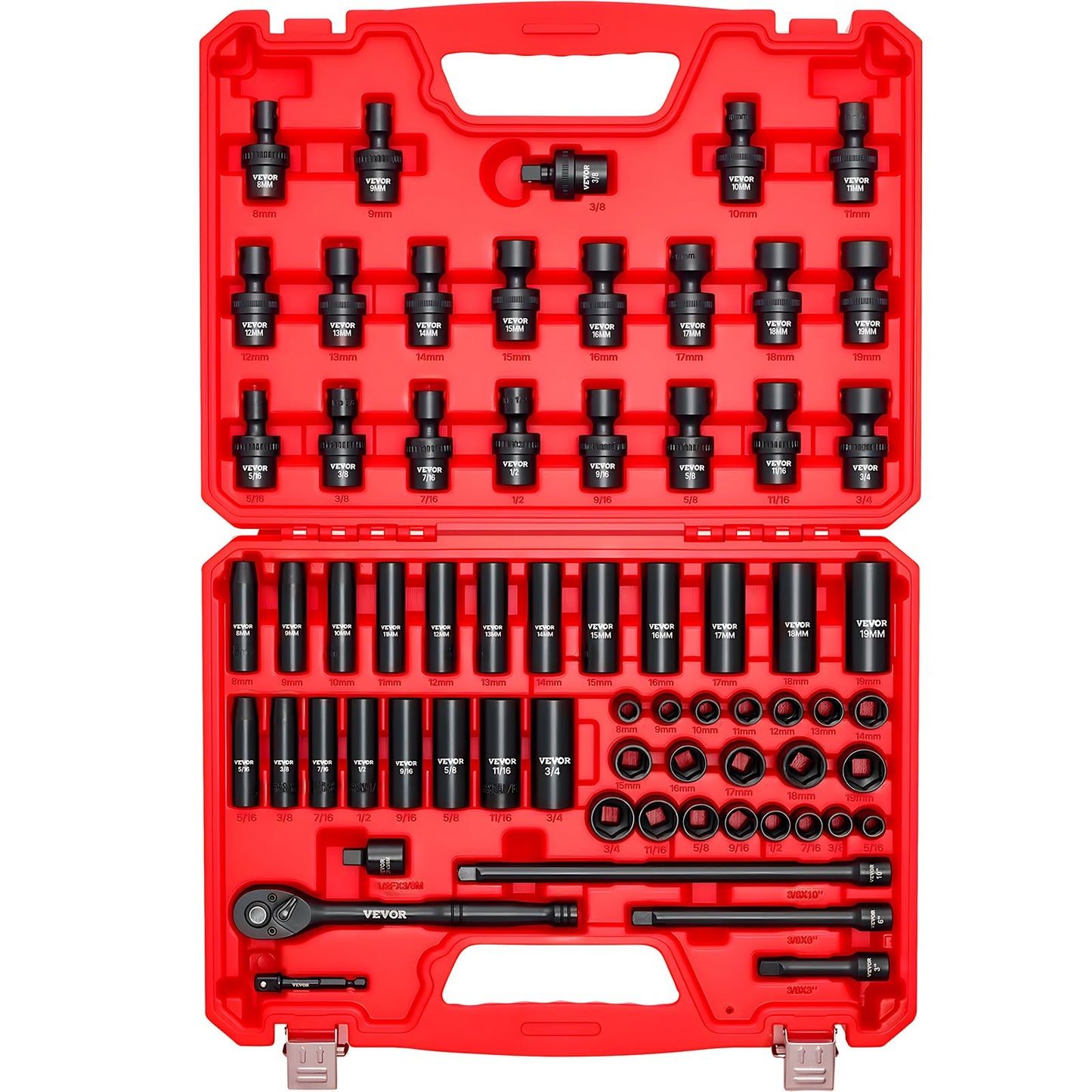 VEVOR 91-Piece 1/2" Drive Impact Socket Set, SAE (5/16" to 1-1/4") & Metric (8 to 32 mm), CR-V, Deep & Shallow, 6 Point, Ratchet Handle, Universal Joint, Adapters, Extension Bars (3, 5, 10 in)