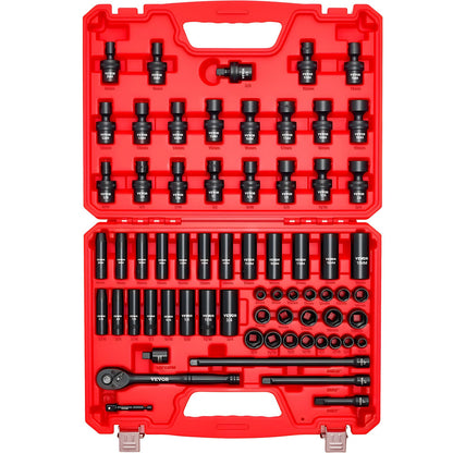 VEVOR 91-Piece 1/2" Drive Impact Socket Set, SAE (5/16" to 1-1/4") & Metric (8 to 32 mm), CR-V, Deep & Shallow, 6 Point, Ratchet Handle, Universal Joint, Adapters, Extension Bars (3, 5, 10 in)