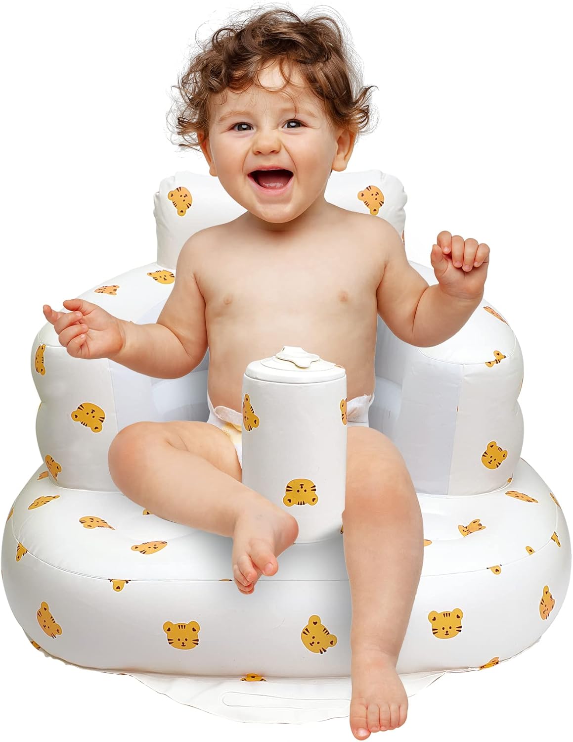 Aufblasbarer Babysitz, aufblasbarer Babystuhl für Babys ab 3 Monaten, aufblasbarer Sommerstuhl mit integrierter Luftpumpe, Baby-Bodensitz zum Sitzenlernen, Spielen, Campen, Orange