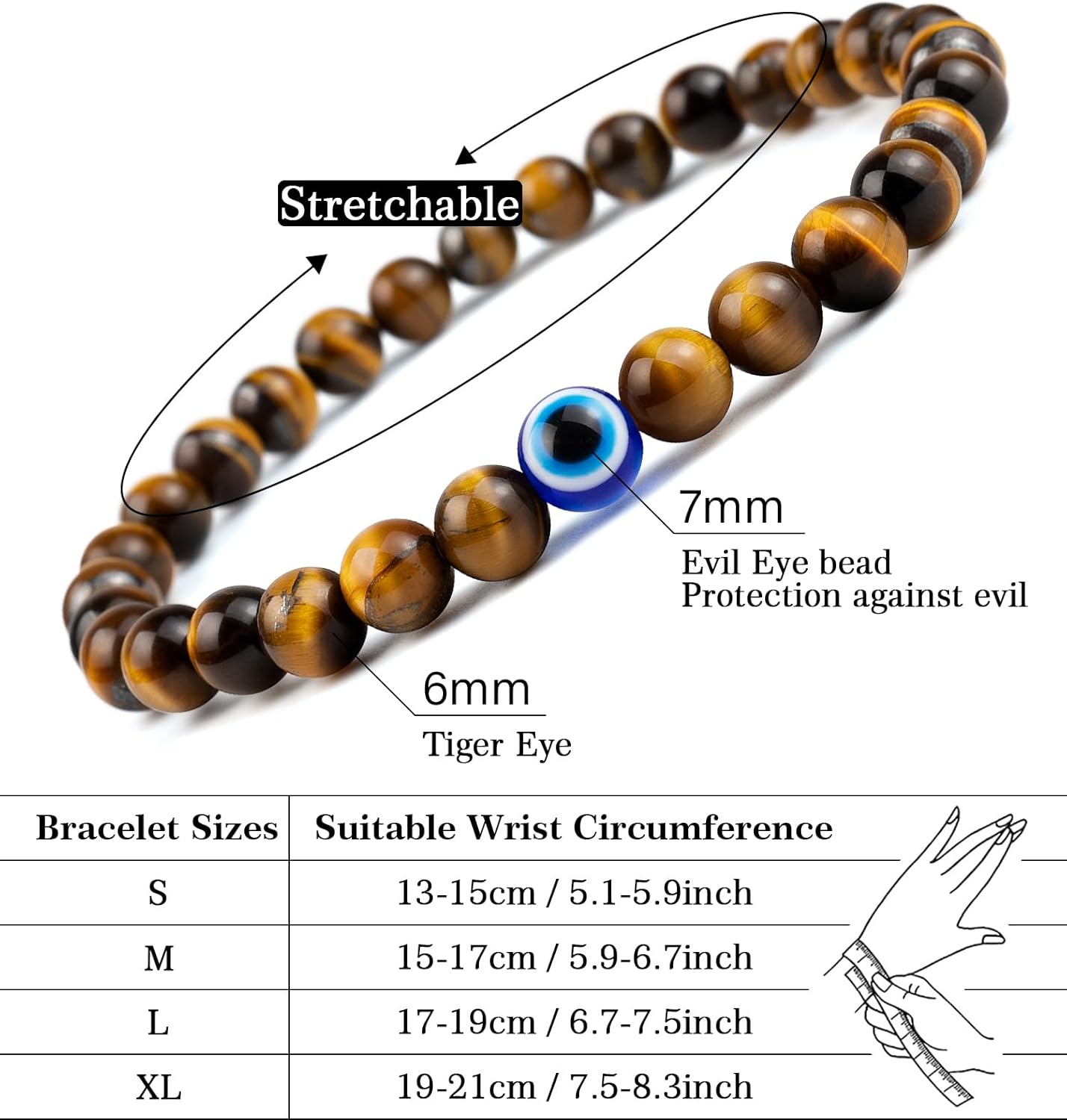 6 mm Böses Auge Armband aus schwarzen Kristallen – verstellbares Set aus Natursteinen für Herren und Damen, Schutzamulett als Geschenk für den Alltag/Geburtstag/Jahrestag