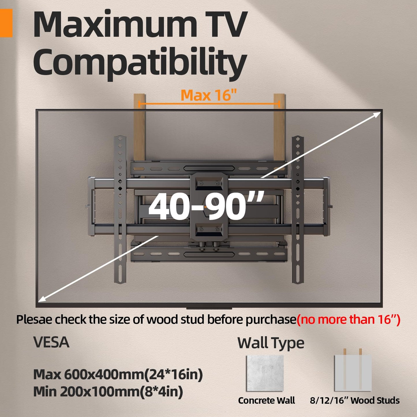IWORKBOARD 55 65 75 85 inch Tilting TV Wall Mount for 32-90 '' TVs, Low Profile TV Mount Bracket, Safe Lock & Quick Release, Max VESA 600x400mm, 24 inch Studs,132 lbs, Fit Most 55+ 75+ 85+ 86 TVs