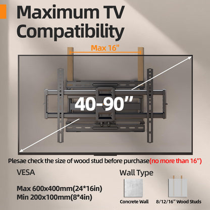 IWORKBOARD 55 65 75 85 inch Tilting TV Wall Mount for 32-90 '' TVs, Low Profile TV Mount Bracket, Safe Lock & Quick Release, Max VESA 600x400mm, 24 inch Studs,132 lbs, Fit Most 55+ 75+ 85+ 86 TVs