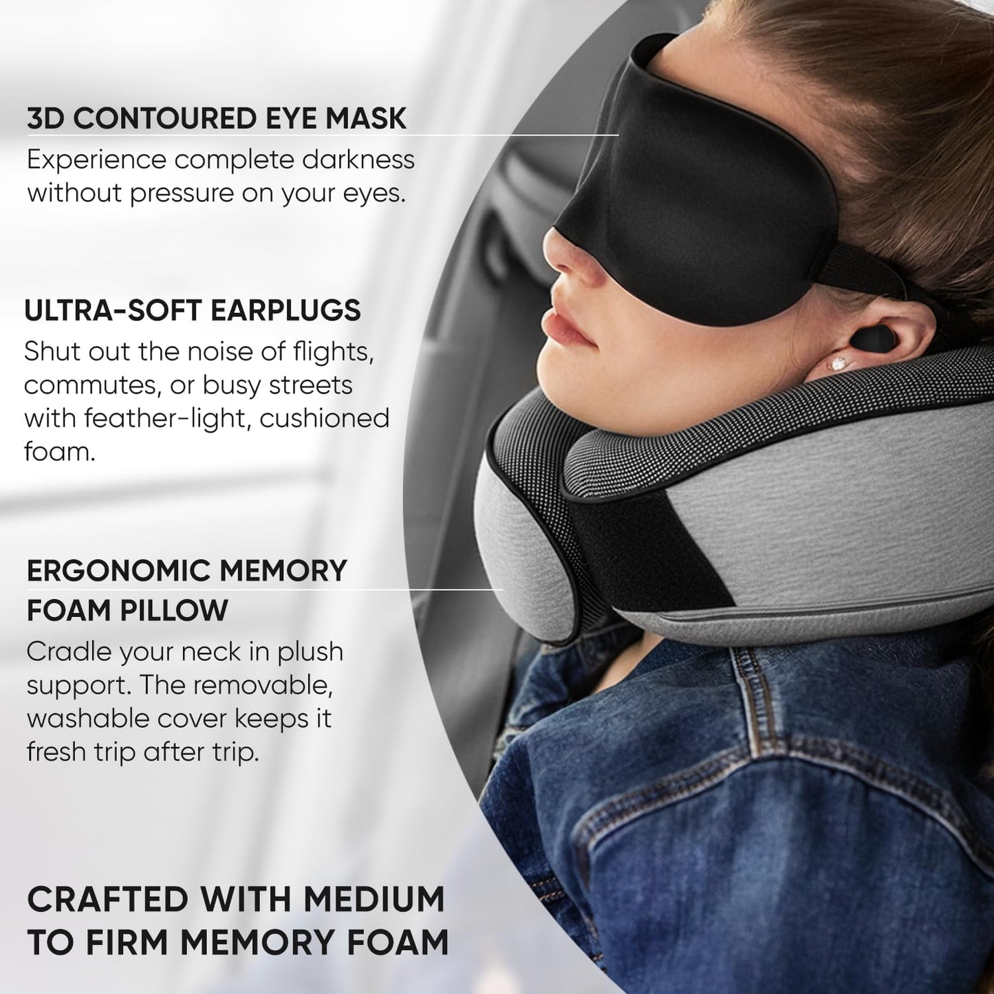 Proglobe Orthopädisches Nackenkissen Reise-Nackenkissen für Flugzeuge, Memory Foam Kit, aktualisiertes Ruhematerial, Flugreise-Set mit 3D-konturierter Augenmaske, Ohrstöpseln und luxuriösem Netzbeutel (Grau)