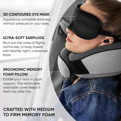 Proglobe Orthopädisches Nackenkissen Reise-Nackenkissen für Flugzeuge, Memory Foam Kit, aktualisiertes Ruhematerial, Flugreise-Set mit 3D-konturierter Augenmaske, Ohrstöpseln und luxuriösem Netzbeutel (Grau)