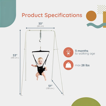Jolly Jumper CLASSIC (Schwarz) mit Ständer - ORIGINAL Baby Jumper, Indoor- und Outdoor-Trainingssattelsitz, Höhenverstellbar, für Säuglinge bis 12,7 kg