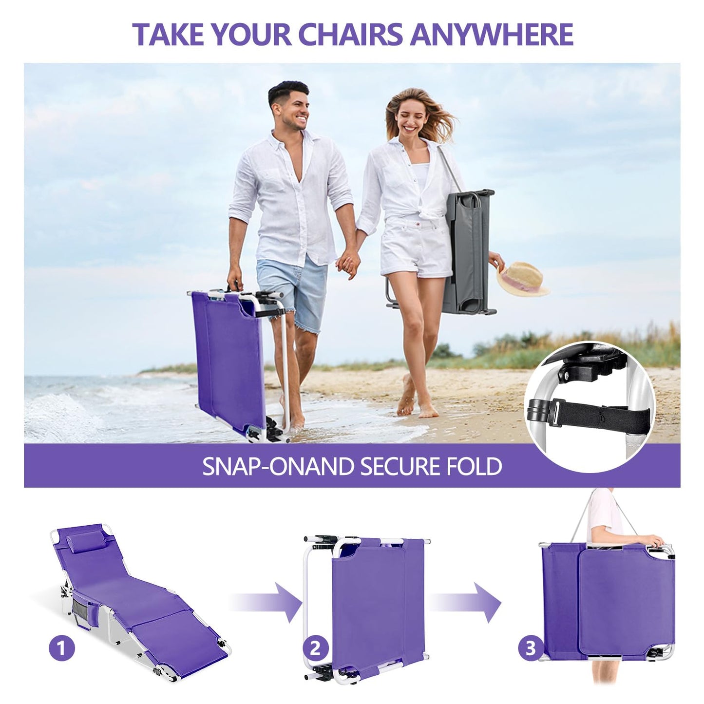 Tanning Chair with Face Hole, Adjustable Folding Chaise Lounge Chairs for Outside with Detachable Pillow & Pocket，Portable flat beach chairs for sunbathing, beach lawns camping (Purple, Standard)