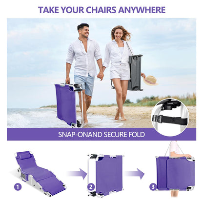Tanning Chair with Face Hole, Adjustable Folding Chaise Lounge Chairs for Outside with Detachable Pillow & Pocket，Portable flat beach chairs for sunbathing, beach lawns camping (Purple, Standard)