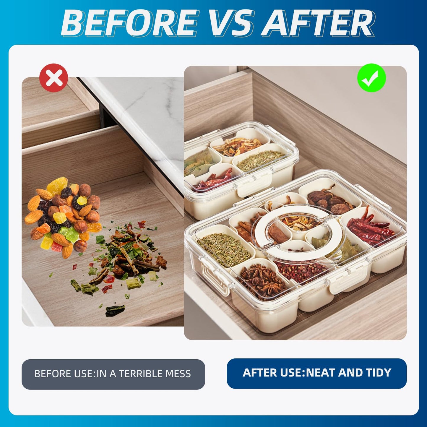 2 Pack Snackle Box –Air Tight Snack Containers with Divided, Lids&Handle –Clear Serving Tray for Fruits, Candy, Nuts –Portable for Travel, Parties, Daily Use (8 Containers Dishwasher Safe)