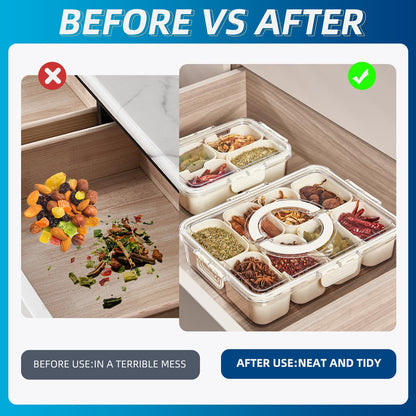 2 Pack Snackle Box –Air Tight Snack Containers with Divided, Lids&Handle –Clear Serving Tray for Fruits, Candy, Nuts –Portable for Travel, Parties, Daily Use (8 Containers Dishwasher Safe)