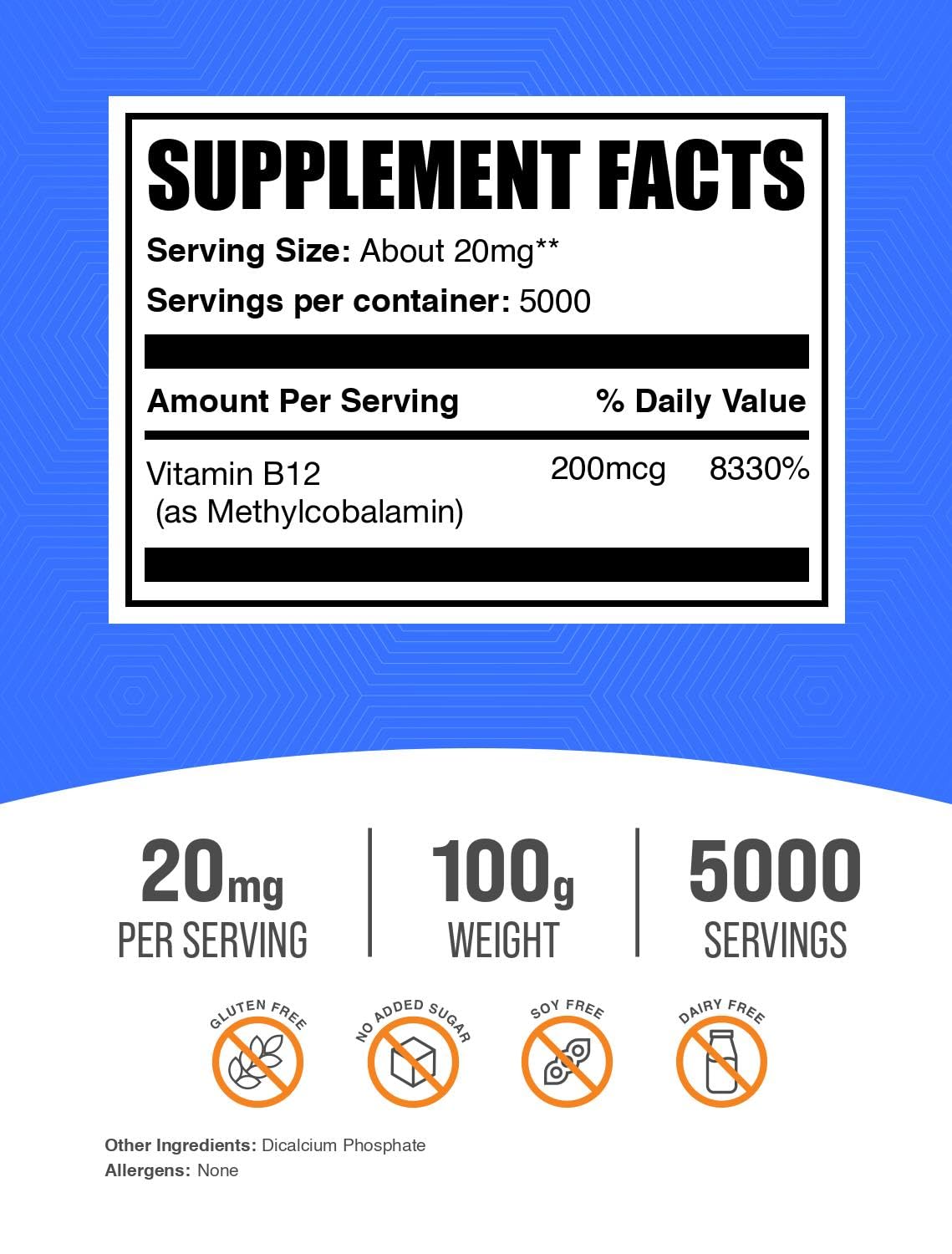 BulkSupplements.com Vitamin B12 Methylcobalamin Powder - 1% B12 Methylcobalamin, Essential B Vitamin - B12 Supplement, Gluten Free, 20mg per Serving, 5kg (11 lbs) (Pack of 1)