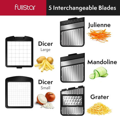 Fullstar Gemüsehacker und Mandolinenschneider - Julienne-Schneider, Würfelschneider, Reibe für Lebensmittel, Gemüse, Zwiebeln, Gurken, Tomaten, Salat, Kartoffeln, Käse - Küchenutensilien & Gadgets (Kompakt 6-in-1, Weiß)