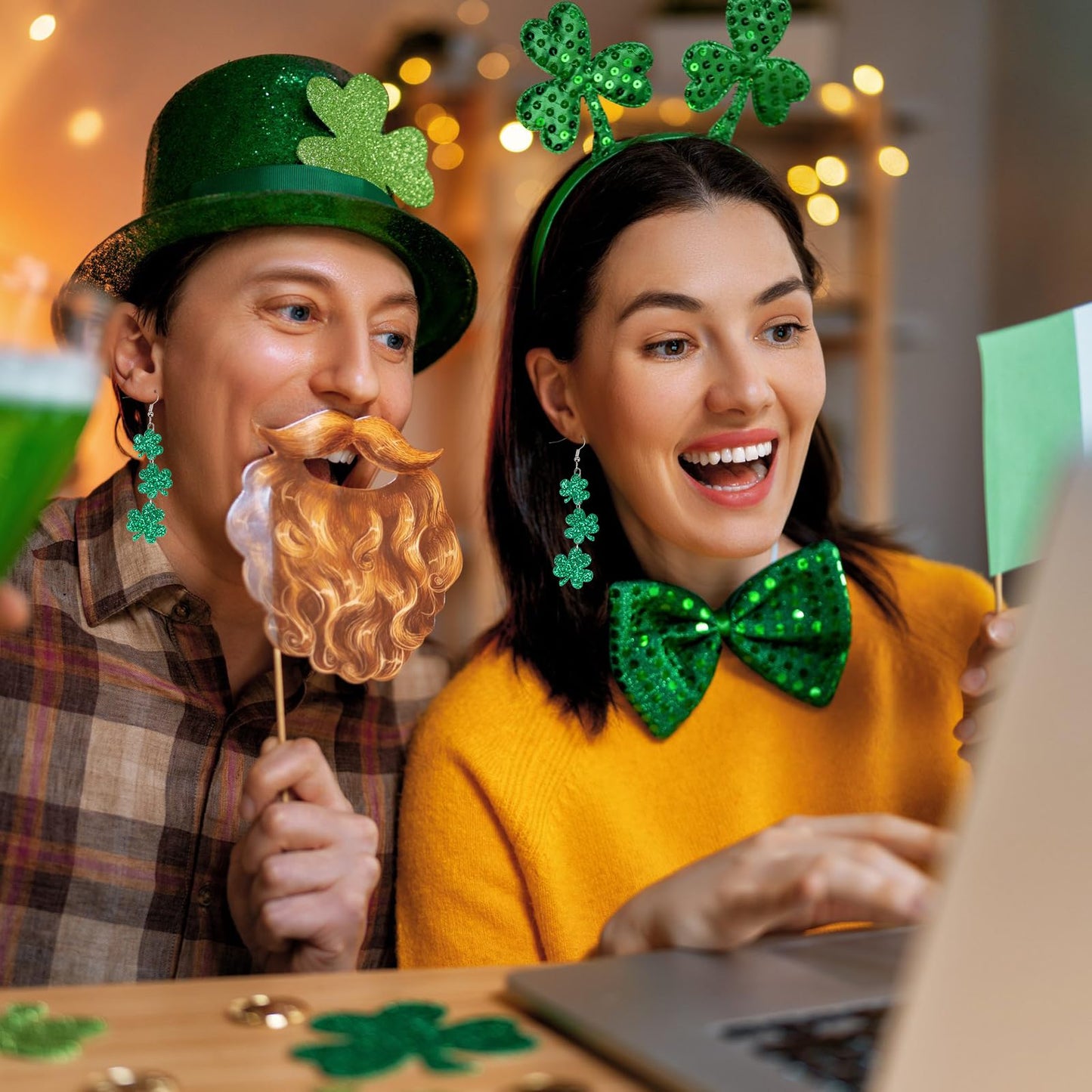Prstvil St. Patricks Day Ohrringe, grüne Kleeblatt-Ohrringe für Damen, St. Patrick's Day Accessoires Glücksbringer Creolen (Grün-2)