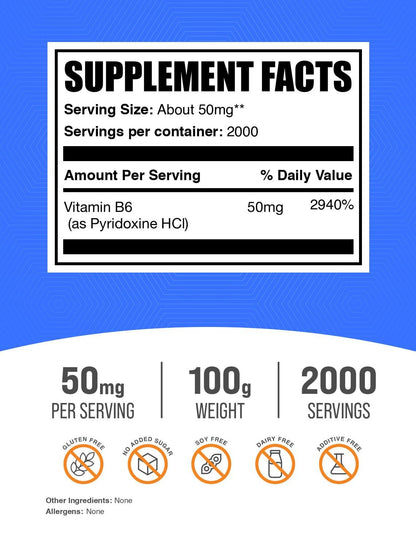 BulkSupplements.com Pyridoxine HCl Powder - Vitamin B6 Supplement, Vitamin B6 50mg - for Immune Support, Gluten Free, 50mg of Pyridoxine B6 per Serving, 5kg (11 lbs) (Pack of 5)