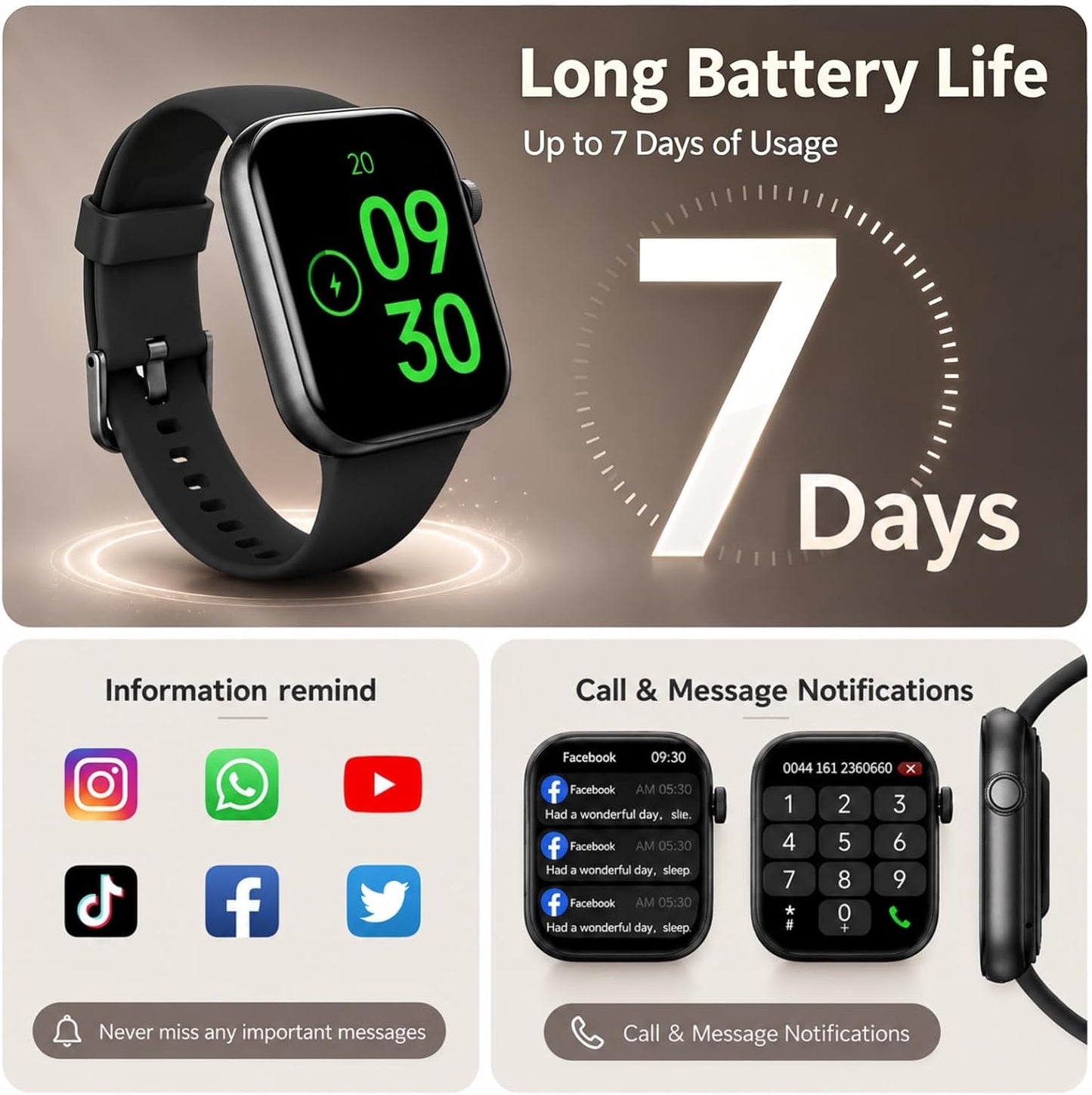 Smart Watch for Men Women, Bluetooth Calling, 1.85" HD Touch Screen Fitness Tracker