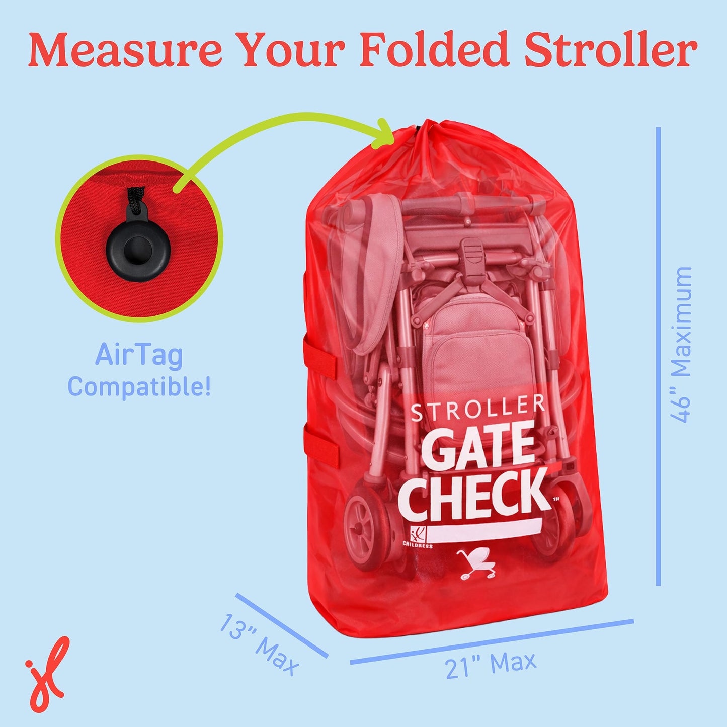 J.L. Childress Gate Check Bag for Single & Some Double Strollers - Travel Bag for Airplane, Fits Most Standard Baby Strollers, Airport Accessories Gate Check, Flying Essentials - Neon Blue