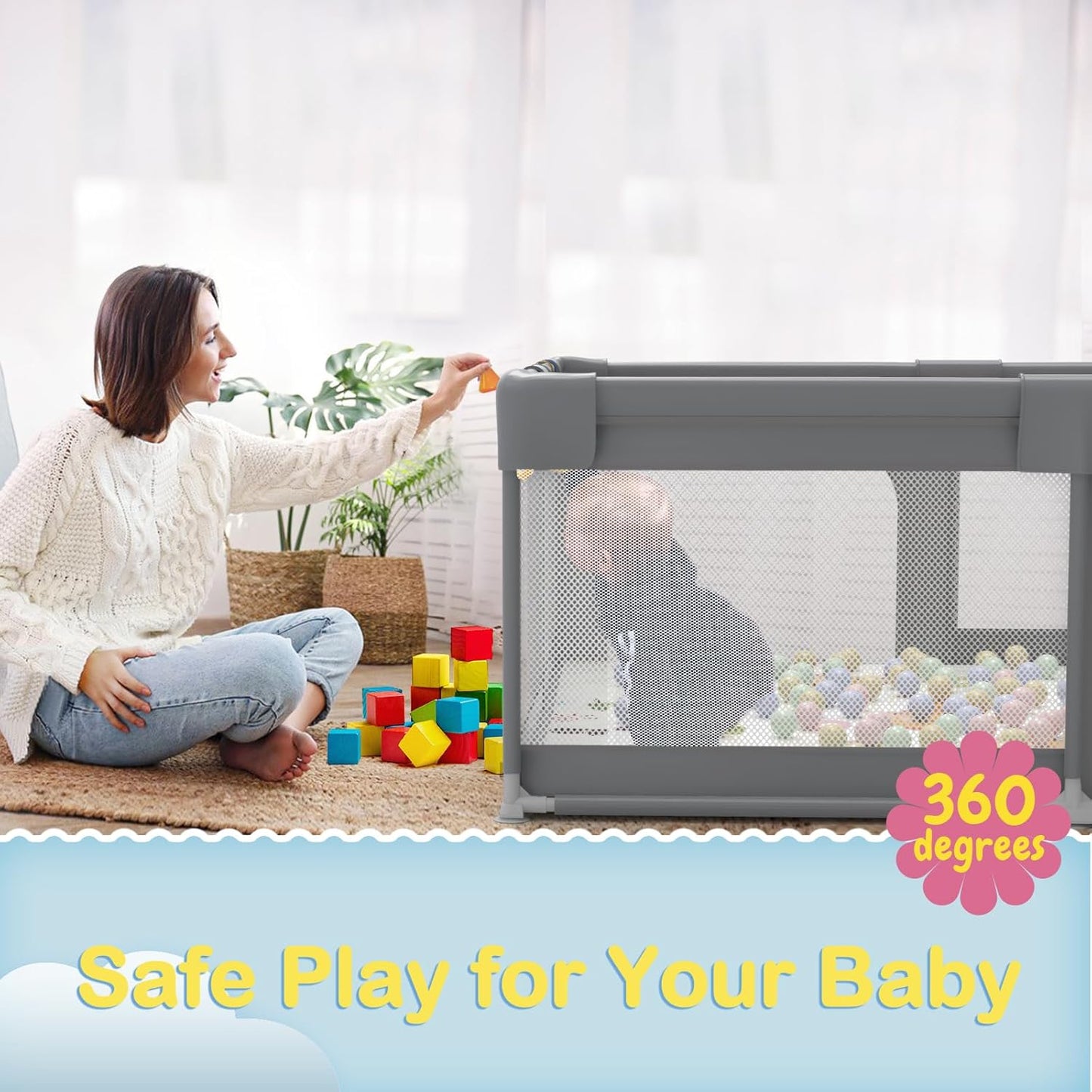 Palopalo Baby Laufgitter, 180x150cm Extra Großer Laufstall für Babys und Kleinkinder, Baby-Aktivitätszentrum mit 8 Saugnapfbasen, Baby-Laufstall mit Tür und weichem, atmungsaktivem Netz, Ohne Matte