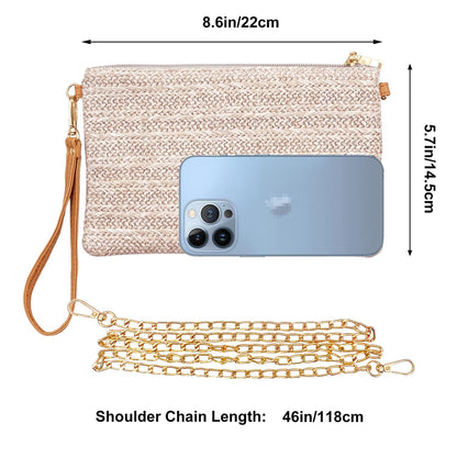 Beurlike Strohkupplung Geldbörsen für Frauen Strand Handgelenktasche Kleine Umhängetasche für Mädchen (Natur)