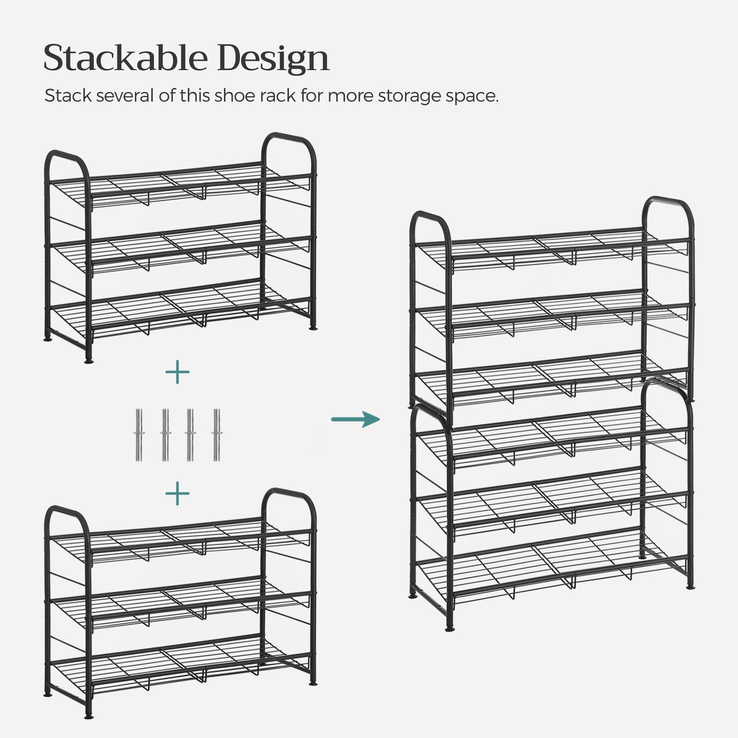 SONGMICS Stackable Shoe Rack, 4 Tier Metal Shoes Rack Storage Shelf, Holds up to 16 Pairs Shoes, Adjustable Slanted Shelves Tower Organizer for Closet Entryway Small Spaces, Bronze