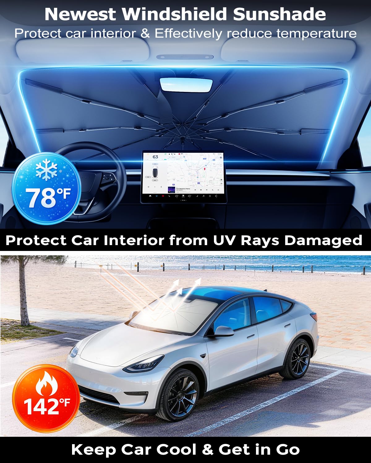 DMJN Umbrella Windshield Sun Shade for Jeep Grand Cherokee (2011-2026), Car Sunshade for Front Windshield [Nano Ice-Crystal Coatings] UPF50+ Heat & UV Block, Protect Interior & Keep Cooler
