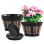 Quarut Plant Pots Set of 4 Pack 12 inch,Large Whiskey Barrel Planters with Drainage Holes & Saucer.Plastic Flower Pots Imitation Wine Barrel Design, for Indoor & Outdoor Garden Home Plants (Brown)