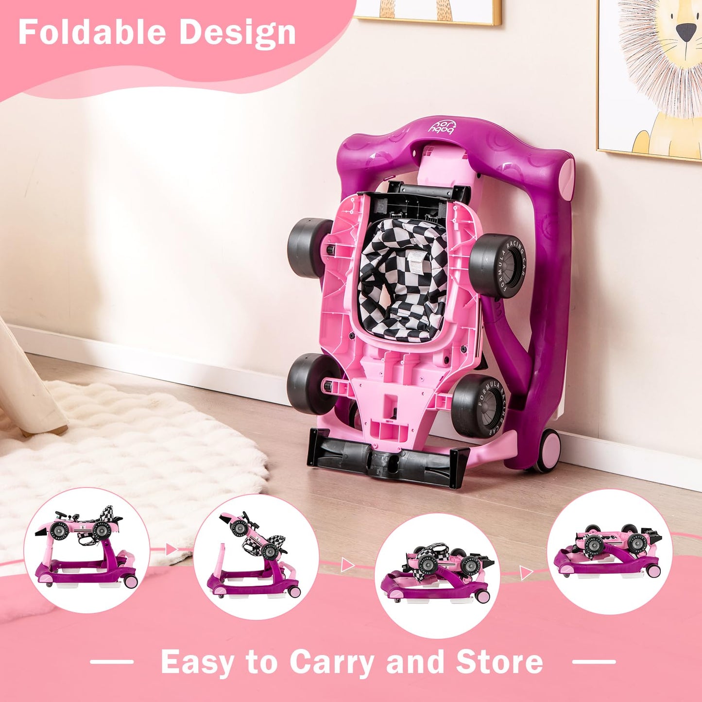 BABY JOY 4-in-1 Baby Walker, Foldable Activity Walker with Adjustable Height & Speed, Music, Lights, Anti-Rollover, Toddler Push Walker, Baby Walker with Wheels for Boys Girls 6-18 Months (Pink)