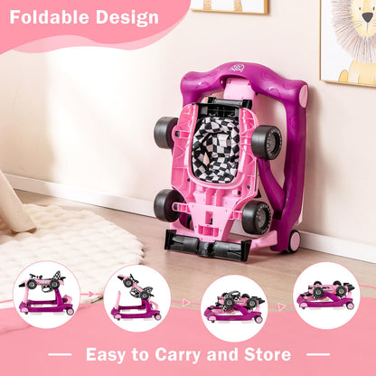 BABY JOY 4-in-1 Baby Walker, Foldable Activity Walker with Adjustable Height & Speed, Music, Lights, Anti-Rollover, Toddler Push Walker, Baby Walker with Wheels for Boys Girls 6-18 Months (Pink)
