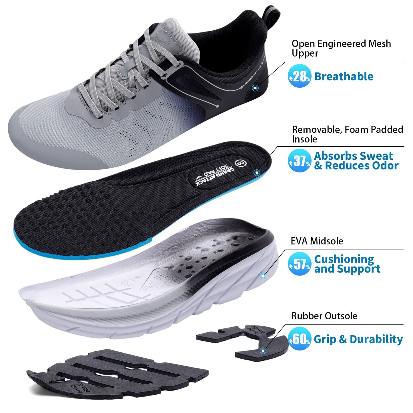 Grand Attack Men's Road Running Walking Shoes | Max Cushioned Comfort | Durable Non-Slip | Breathable Athletic Tennis Cross-Training Sneakers