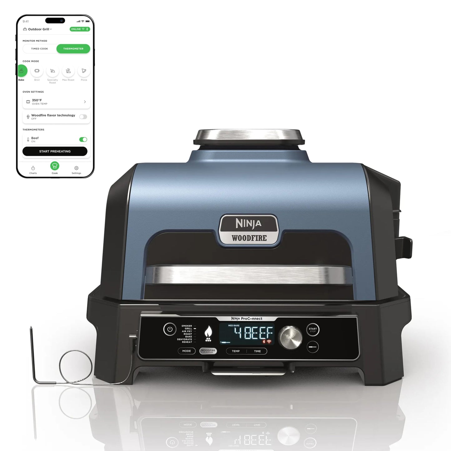 Ninja Woodfire Pro Connect XL Outdoor Grill & Smoker | Bluetooth, App Enabled | 7-in-1 Grill, BBQ Smoker, Outdoor Air Fryer | Woodfire Technology | Built-In Thermometer | Blue & Gold| OG951BL1