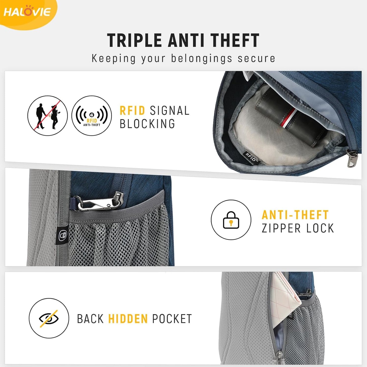 HALOVIE Anti-Diebstahl Sling Bag RFID-Reise-Sling-Rucksack Leichtgewicht Wander-Umhängetasche Brusttasche zum Spazierengehen Arbeiten