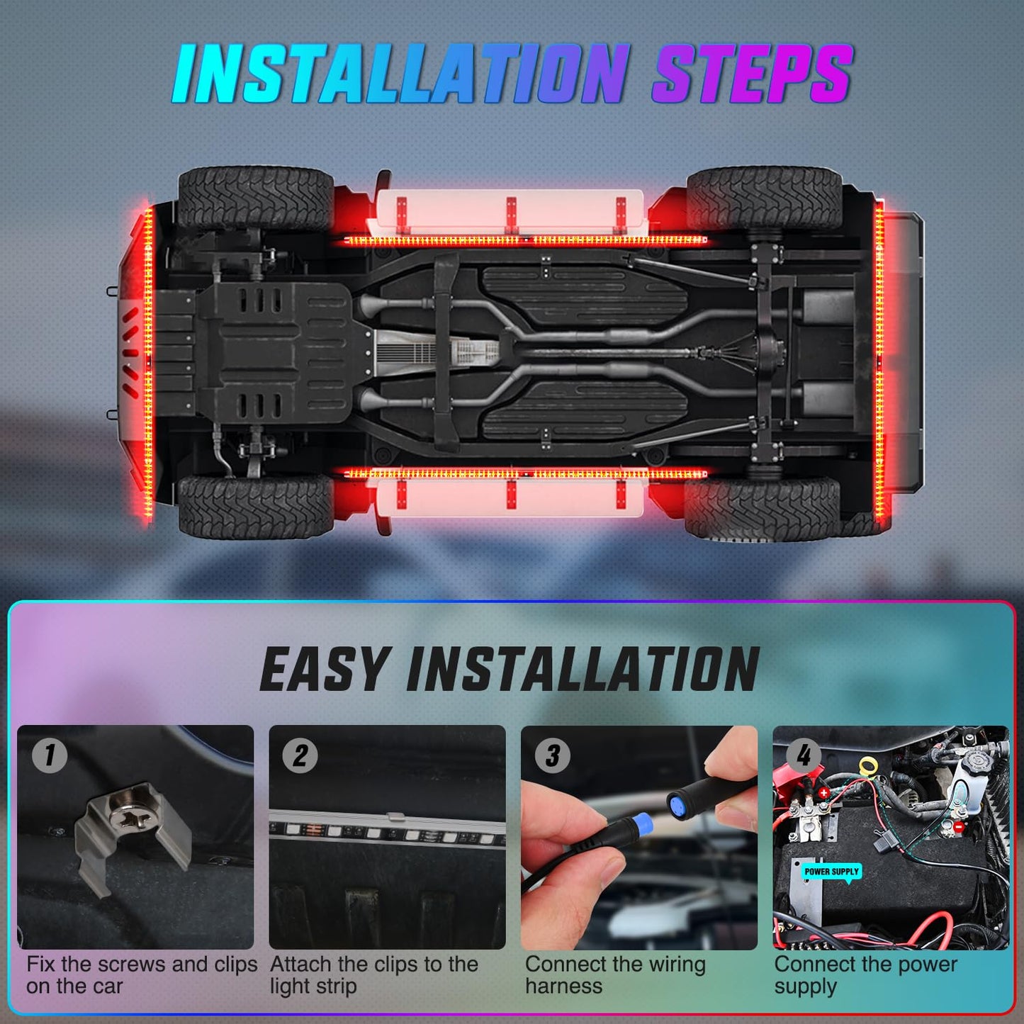 Nilight 4Pcs Car Underglow Neon Accent Strip Lights 252 LEDs RGB 8 Color Sound Active Function Music Mode with Wireless Remote Control Underbody Light Strips for Cars Van SUV Truck