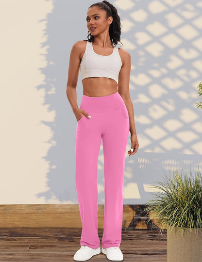 VOOVEEYA Yogahosen für Damen mit Taschen, gerade geschnittene Hose mit weitem Bein, hochtaillierte Business-Hose, petite/regulär//lang