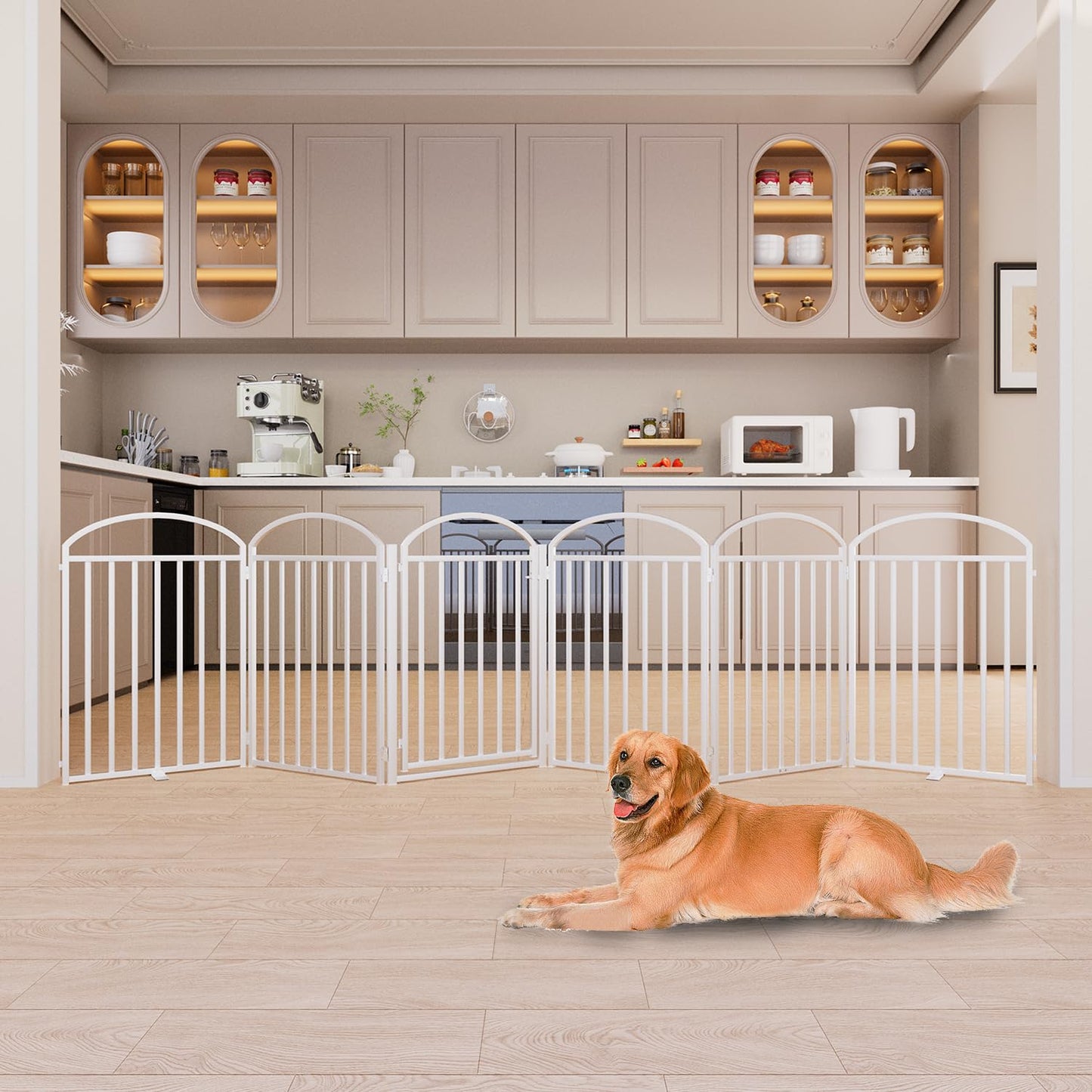SNUOWU 4 Panels Full Matel Freestanding Dog Gates with Door, 96"Extra Wide 36"Tall Free Standing Dog Pet Gate for Indoor & Outdoor. Foldable Pet Fences for Doorways, House, Stairs, Porch, Deck, Yard