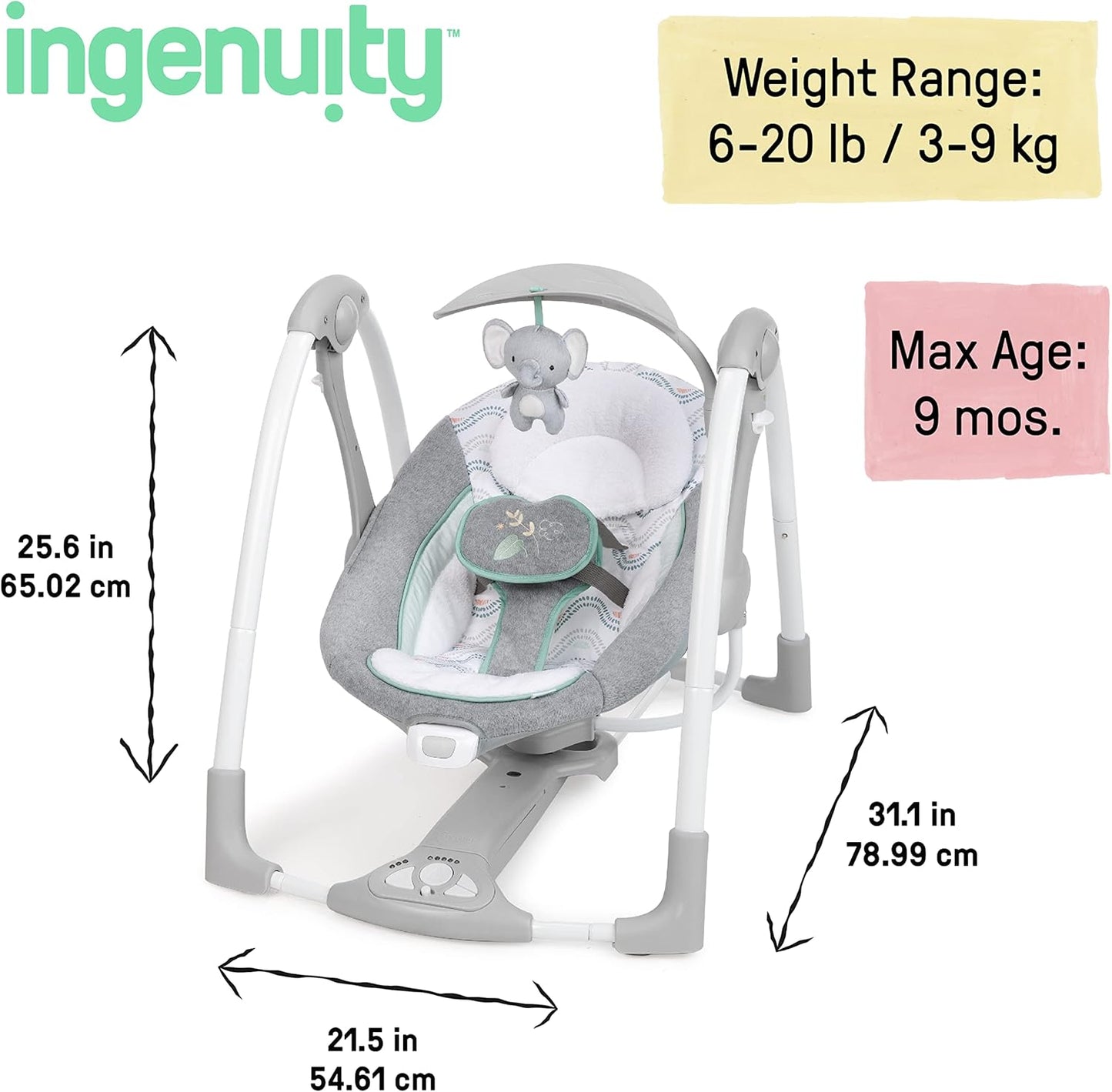 Ingenuity ConvertMe 2-in-1 Kompakte tragbare automatische Babyschaukel & Babysitz, batteriebetriebene Vibrationen, Naturgeräusche, 0-9 Monate 2,7-9 kg (Raylan)