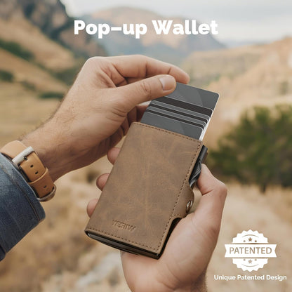 YESIIW Minimalistisches Pop-up-Kartenetui für Herren, RFID-blockierend | Schlankes Visitenkartenetui mit Geldfach | Aluminium-Metall-Bankkartenetui für Scheine, Münzen und Debitkarten
